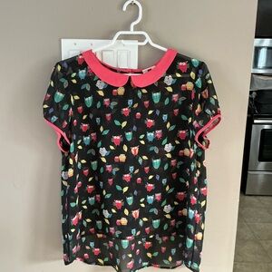 Peter Pan Color Owl Print Blouse - Black and Pink